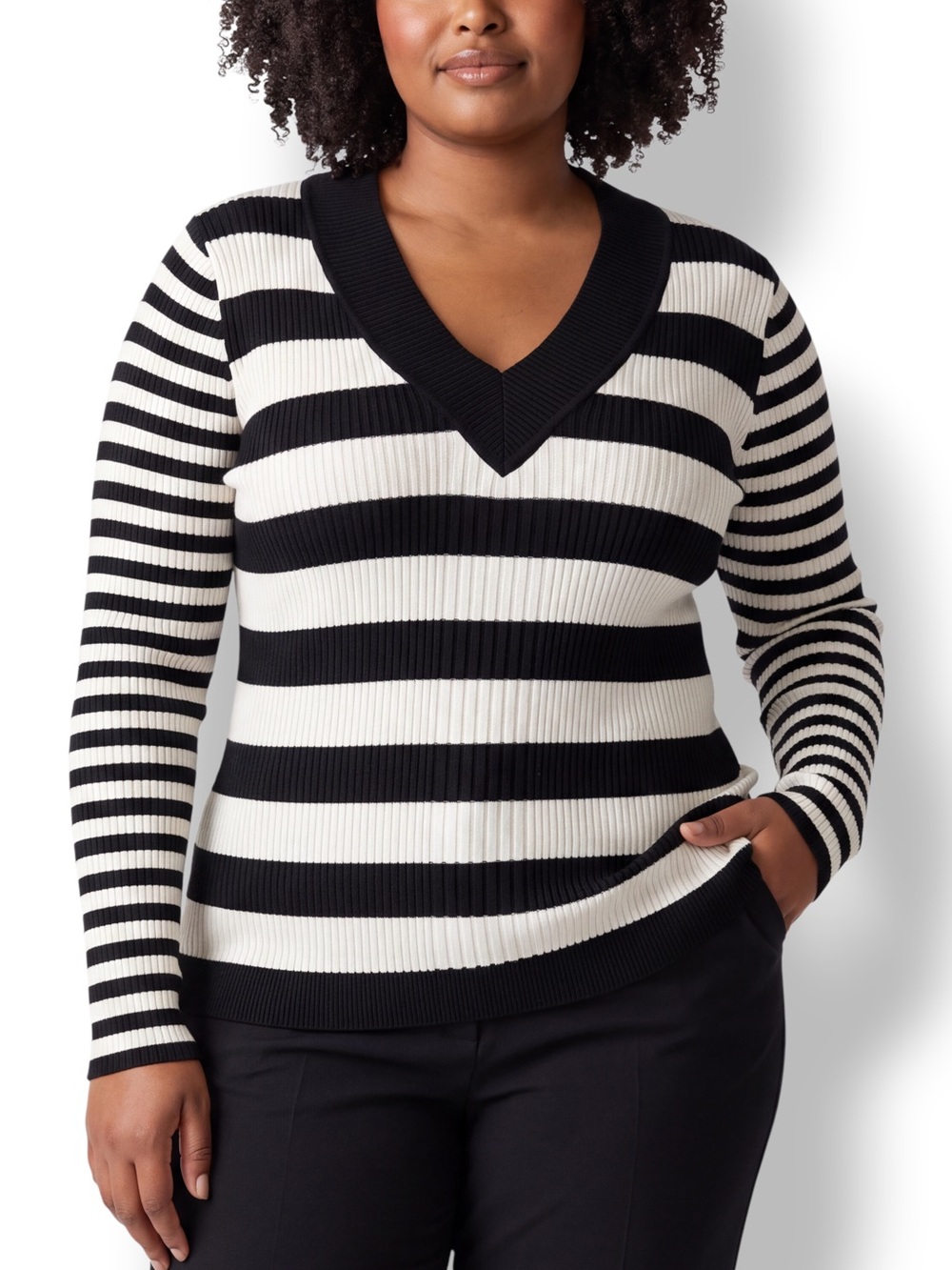 4/$20 Yoki Black & White Striped V-Neck Ribbed Sweater 2XL NWT